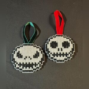 Handmade Cross Stitch SET of 2 Ornaments, Jack Skellington Plastic Mesh/Velvet